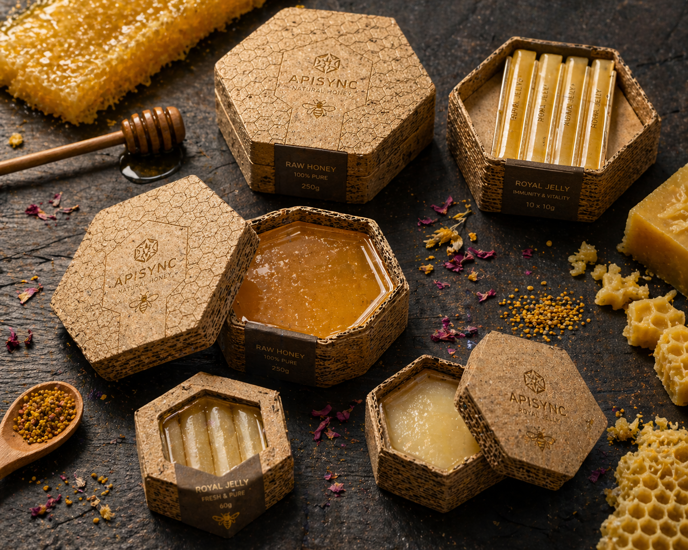 APISYNC — línea de productos: miel cruda y jalea real en empaque hexagonal de corcho
